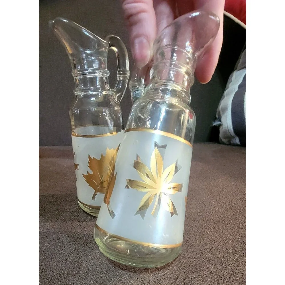 VTG Mid-Centry Frosted Cruet Oil Vinegar Set Gold Leaves Anchor Hocking Starlyte